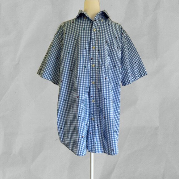 Men's CHAPS Shirt Palm Trees Short Sleeve Blue Check Button Up Shirt Size L/G - Picture 1 of 5